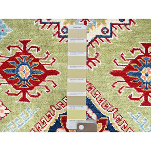 4'1"x5'10" Crayola Green, Denser Weave, Extra Soft Wool, Hand Knotted, Natural Dyes With Tribal Medallions Kazak Oriental Rug FWR521268
