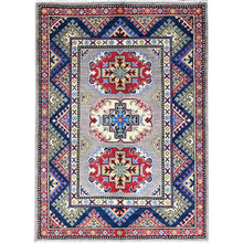 Load image into Gallery viewer, 3&#39;5&quot;x4&#39;8&quot; Graceful Gray With Vibrant Border, Hand Knotted, Vegetable Dyes, Denser Weave, Super Soft Wool, Kazak All Over Colorful Tribal Motifs, Oriental Rug FWR521298