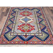 Load image into Gallery viewer, 3&#39;5&quot;x4&#39;8&quot; Graceful Gray With Vibrant Border, Hand Knotted, Vegetable Dyes, Denser Weave, Super Soft Wool, Kazak All Over Colorful Tribal Motifs, Oriental Rug FWR521298