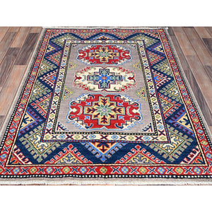 3'5"x4'8" Graceful Gray With Vibrant Border, Hand Knotted, Vegetable Dyes, Denser Weave, Super Soft Wool, Kazak All Over Colorful Tribal Motifs, Oriental Rug FWR521298