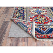 Load image into Gallery viewer, 3&#39;5&quot;x4&#39;8&quot; Graceful Gray With Vibrant Border, Hand Knotted, Vegetable Dyes, Denser Weave, Super Soft Wool, Kazak All Over Colorful Tribal Motifs, Oriental Rug FWR521298
