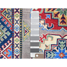 Load image into Gallery viewer, 3&#39;5&quot;x4&#39;8&quot; Graceful Gray With Vibrant Border, Hand Knotted, Vegetable Dyes, Denser Weave, Super Soft Wool, Kazak All Over Colorful Tribal Motifs, Oriental Rug FWR521298