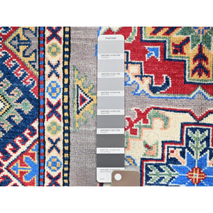 3'5"x4'8" Graceful Gray With Vibrant Border, Hand Knotted, Vegetable Dyes, Denser Weave, Super Soft Wool, Kazak All Over Colorful Tribal Motifs, Oriental Rug FWR521298