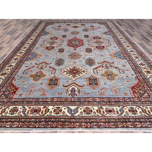 10'2"x14' Koala Gray And Dove White, Afghan Super Kazak With Geometric Medallions Design, Hand Knotted, Pure Wool, Denser Weave, Oriental Rug FWR521310