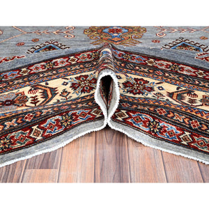 10'2"x14' Koala Gray And Dove White, Afghan Super Kazak With Geometric Medallions Design, Hand Knotted, Pure Wool, Denser Weave, Oriental Rug FWR521310