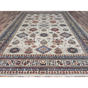 10'x13'8" Wickham Gray, Afghan Super Kazak With Geometric Medallions Design, Hand Knotted, Pure Wool, Denser Weave, Oriental Rug FWR521316