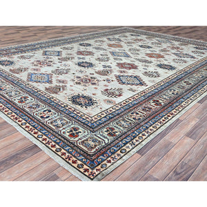 10'x13'8" Wickham Gray, Afghan Super Kazak With Geometric Medallions Design, Hand Knotted, Pure Wool, Denser Weave, Oriental Rug FWR521316