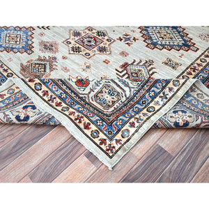 10'x13'8" Wickham Gray, Afghan Super Kazak With Geometric Medallions Design, Hand Knotted, Pure Wool, Denser Weave, Oriental Rug FWR521316