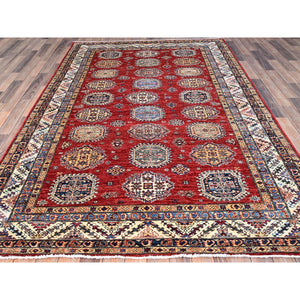 6'1"x8'10" Toreador Red With Chantilly Lace White, Soft And Shiny Wool, Hand Knotted, Denser Weave, Vegetable Dyes, Afghan Super Kazak With All Over Medallions, Oriental Rug FWR521328