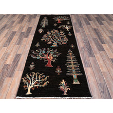 Load image into Gallery viewer, 2&#39;7&quot;x8&#39; Night Black, Extra Soft Wool, Denser Weave, Large Tribal Tree Design, Afghan Sultani, Hand Knotted, Oriental Runner Rug FWR521388
