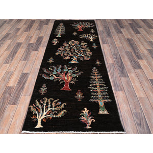 2'7"x8' Night Black, Extra Soft Wool, Denser Weave, Large Tribal Tree Design, Afghan Sultani, Hand Knotted, Oriental Runner Rug FWR521388