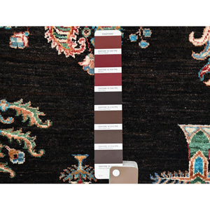 2'7"x8' Night Black, Extra Soft Wool, Denser Weave, Large Tribal Tree Design, Afghan Sultani, Hand Knotted, Oriental Runner Rug FWR521388