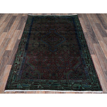 Load image into Gallery viewer, 3&#39;2&quot;x5&#39;1&quot; Rust Red, Overdyed Vintage Persian Hamadan with Geometric Medallion Design, Distressed and Worn, Cropped Thin, Zero Pile, Sides and Ends Professionally Secured, Hand Knotted, 100% Wool, Oriental Rug 68 FWR5208