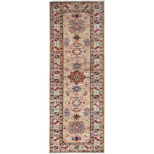 Load image into Gallery viewer, 2&#39;5&quot;x6&#39;8&quot; Aged White, Hand Knotted Soft Wool, Densely Woven Vegetable Dyes, Afghan Super Kazak With All Over Tribal Medallions Design, Oriental Runner Rug FWR521442