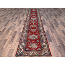 Load image into Gallery viewer, 2&#39;7&quot;x13&#39;2&quot; Carmine Red, Afghan Super Kazak With Geometric Medallions Design, Natural Dyes, Densely Woven, Soft And Shiny Wool, Hand Knotted, Runner Oriental Rug FWR521460