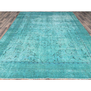 8'1"x11' Deep Green, Overdyed Vintage Persian Tabriz Sides and Ends Professionally Secured and Cleaned, Distressed Sheared Low, Hand Knotted, Cropped Thin, Abrash Evenly Worn 100% Wool Oriental Rug FWR521592