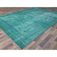 Load image into Gallery viewer, 8&#39;1&quot;x11&#39; Deep Green, Overdyed Vintage Persian Tabriz Sides and Ends Professionally Secured and Cleaned, Distressed Sheared Low, Hand Knotted, Cropped Thin, Abrash Evenly Worn 100% Wool Oriental Rug FWR521592