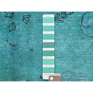 8'1"x11' Deep Green, Overdyed Vintage Persian Tabriz Sides and Ends Professionally Secured and Cleaned, Distressed Sheared Low, Hand Knotted, Cropped Thin, Abrash Evenly Worn 100% Wool Oriental Rug FWR521592