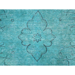 8'1"x11' Deep Green, Overdyed Vintage Persian Tabriz Sides and Ends Professionally Secured and Cleaned, Distressed Sheared Low, Hand Knotted, Cropped Thin, Abrash Evenly Worn 100% Wool Oriental Rug FWR521592