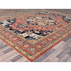 9'1"x12' Indian Red, Denser Weave Afghan Peshawar Serapi Heriz Design With Large Center Medallion, Vegetable Dyes, Soft and Shiny Wool, Hand Knotted, Oriental Rug FWR521682
