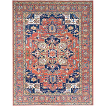 Load image into Gallery viewer, 9&#39;x11&#39;8&quot; Salmon Red With Navy Blue Corner Panels, Afghan Peshawar Hand Knotted Heriz Serapi With Large Center Medallion Design, Vegetable Dyes Pure Wool, Densely Woven, Oriental Rug FWR521694