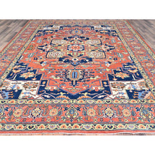 Load image into Gallery viewer, 9&#39;x11&#39;8&quot; Salmon Red With Navy Blue Corner Panels, Afghan Peshawar Hand Knotted Heriz Serapi With Large Center Medallion Design, Vegetable Dyes Pure Wool, Densely Woven, Oriental Rug FWR521694