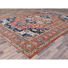 Load image into Gallery viewer, 9&#39;x11&#39;8&quot; Salmon Red With Navy Blue Corner Panels, Afghan Peshawar Hand Knotted Heriz Serapi With Large Center Medallion Design, Vegetable Dyes Pure Wool, Densely Woven, Oriental Rug FWR521694