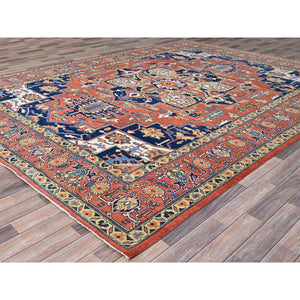 9'x11'8" Salmon Red With Navy Blue Corner Panels, Afghan Peshawar Hand Knotted Heriz Serapi With Large Center Medallion Design, Vegetable Dyes Pure Wool, Densely Woven, Oriental Rug FWR521694