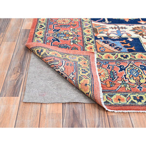 9'x11'8" Salmon Red With Navy Blue Corner Panels, Afghan Peshawar Hand Knotted Heriz Serapi With Large Center Medallion Design, Vegetable Dyes Pure Wool, Densely Woven, Oriental Rug FWR521694