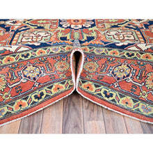 Load image into Gallery viewer, 9&#39;x11&#39;8&quot; Salmon Red With Navy Blue Corner Panels, Afghan Peshawar Hand Knotted Heriz Serapi With Large Center Medallion Design, Vegetable Dyes Pure Wool, Densely Woven, Oriental Rug FWR521694