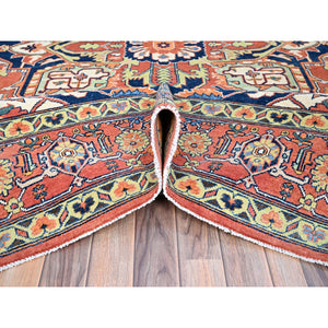 9'x11'8" Salmon Red With Navy Blue Corner Panels, Afghan Peshawar Hand Knotted Heriz Serapi With Large Center Medallion Design, Vegetable Dyes Pure Wool, Densely Woven, Oriental Rug FWR521694