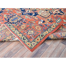 Load image into Gallery viewer, 9&#39;x11&#39;8&quot; Salmon Red With Navy Blue Corner Panels, Afghan Peshawar Hand Knotted Heriz Serapi With Large Center Medallion Design, Vegetable Dyes Pure Wool, Densely Woven, Oriental Rug FWR521694