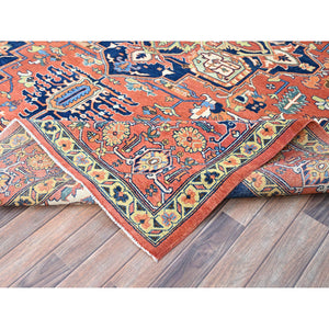 9'x11'8" Salmon Red With Navy Blue Corner Panels, Afghan Peshawar Hand Knotted Heriz Serapi With Large Center Medallion Design, Vegetable Dyes Pure Wool, Densely Woven, Oriental Rug FWR521694