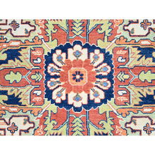 Load image into Gallery viewer, 9&#39;x11&#39;8&quot; Salmon Red With Navy Blue Corner Panels, Afghan Peshawar Hand Knotted Heriz Serapi With Large Center Medallion Design, Vegetable Dyes Pure Wool, Densely Woven, Oriental Rug FWR521694