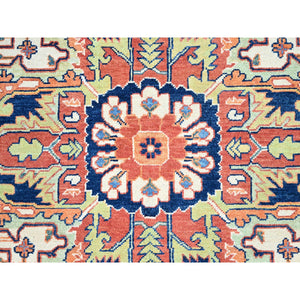 9'x11'8" Salmon Red With Navy Blue Corner Panels, Afghan Peshawar Hand Knotted Heriz Serapi With Large Center Medallion Design, Vegetable Dyes Pure Wool, Densely Woven, Oriental Rug FWR521694