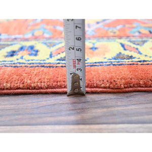 9'x11'8" Salmon Red With Navy Blue Corner Panels, Afghan Peshawar Hand Knotted Heriz Serapi With Large Center Medallion Design, Vegetable Dyes Pure Wool, Densely Woven, Oriental Rug FWR521694