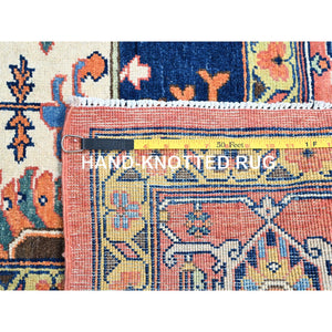 9'x11'8" Salmon Red With Navy Blue Corner Panels, Afghan Peshawar Hand Knotted Heriz Serapi With Large Center Medallion Design, Vegetable Dyes Pure Wool, Densely Woven, Oriental Rug FWR521694