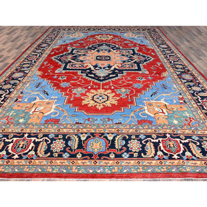12'x17'2" Venetian Red, Delft Blue Border, Afghan Peshawar Serapi And Heriz Tribal Design, Hand Knotted, Soft Wool, Vegetable Dyes, Densely Woven Oriental Oversized Rug FWR521754