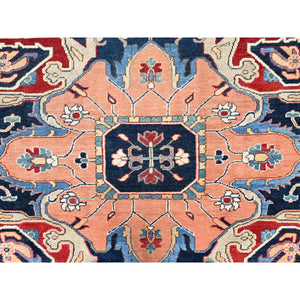 12'x17'2" Venetian Red, Delft Blue Border, Afghan Peshawar Serapi And Heriz Tribal Design, Hand Knotted, Soft Wool, Vegetable Dyes, Densely Woven Oriental Oversized Rug FWR521754