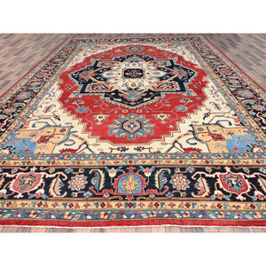12'1"x15'9" Deep Red, Natural Wool, Afghan Heriz Serapi Peshawar Geometric Design, Hand Knotted Denser Weave, Vegetable Dyes, Oversized Oriental Rug FWR521760