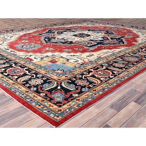 12'1"x15'9" Deep Red, Natural Wool, Afghan Heriz Serapi Peshawar Geometric Design, Hand Knotted Denser Weave, Vegetable Dyes, Oversized Oriental Rug FWR521760