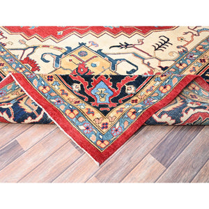 12'1"x15'9" Deep Red, Natural Wool, Afghan Heriz Serapi Peshawar Geometric Design, Hand Knotted Denser Weave, Vegetable Dyes, Oversized Oriental Rug FWR521760