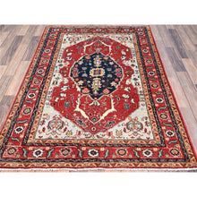 Load image into Gallery viewer, 4&#39;x5&#39;10&quot; Smoke Gray, Red Border, Hand Knotted, Velvety And Soft Wool, Densely Woven, Afghan Serapi Heriz Design With Central Motif, Natural Dyes, Oriental Rug FWR521802