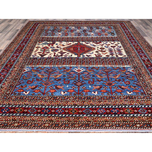 8'9"x10'5" Lichen Blue, Multiple Borders, Compartmentation Design, Turkish Knot Geometric Pattern, Hand Knotted Small Animals And Birds Figurines, Shiny Wool, Oriental Rug FWR521862