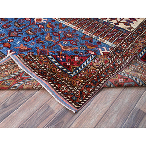 8'9"x10'5" Lichen Blue, Multiple Borders, Compartmentation Design, Turkish Knot Geometric Pattern, Hand Knotted Small Animals And Birds Figurines, Shiny Wool, Oriental Rug FWR521862