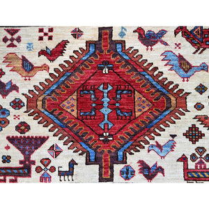 8'9"x10'5" Lichen Blue, Multiple Borders, Compartmentation Design, Turkish Knot Geometric Pattern, Hand Knotted Small Animals And Birds Figurines, Shiny Wool, Oriental Rug FWR521862