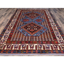 Load image into Gallery viewer, 5&#39;10&quot;x9&#39; Azure Blue And Comfort White, Hand Knotted, Shiny Wool, Colorful Turkish Knot Geometric Elements With Small Birds Figurines, Striped Oriental Rug FWR521886