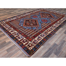 Load image into Gallery viewer, 5&#39;10&quot;x9&#39; Azure Blue And Comfort White, Hand Knotted, Shiny Wool, Colorful Turkish Knot Geometric Elements With Small Birds Figurines, Striped Oriental Rug FWR521886
