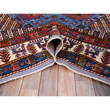 Load image into Gallery viewer, 5&#39;10&quot;x9&#39; Azure Blue And Comfort White, Hand Knotted, Shiny Wool, Colorful Turkish Knot Geometric Elements With Small Birds Figurines, Striped Oriental Rug FWR521886