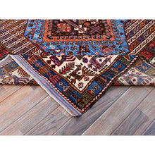 Load image into Gallery viewer, 5&#39;10&quot;x9&#39; Azure Blue And Comfort White, Hand Knotted, Shiny Wool, Colorful Turkish Knot Geometric Elements With Small Birds Figurines, Striped Oriental Rug FWR521886